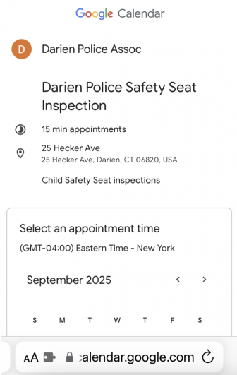 Google Calendar signup for police child safety seat appointments
